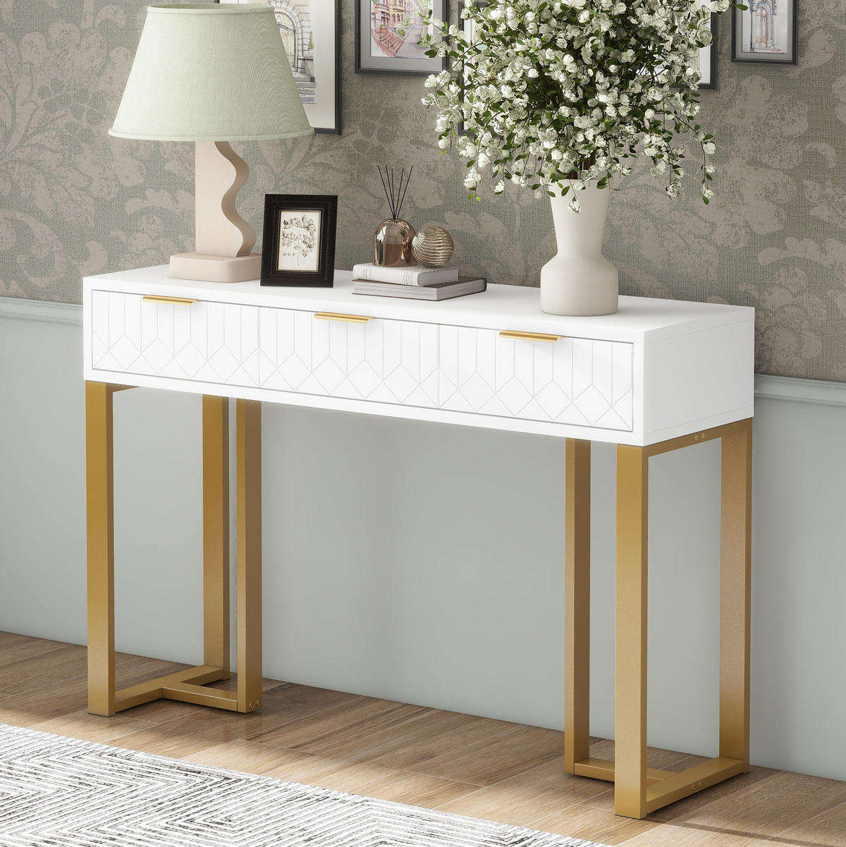 KONSOLENTISCH in Weiß/Gold mit 2 Schubladen und verstellbaren Fußpolstern,120/36/80 cm - Weiß, Holzwerkstoff (120/36/80cm) - Flora Grace