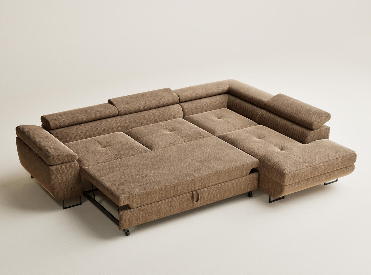 ECKSOFA Concord Hellbraun Chenille-Stoff - Rechts Seite - Hellbraun/Schwarz, Holz/Holzwerkstoff (277/203cm) - Maison de Reve