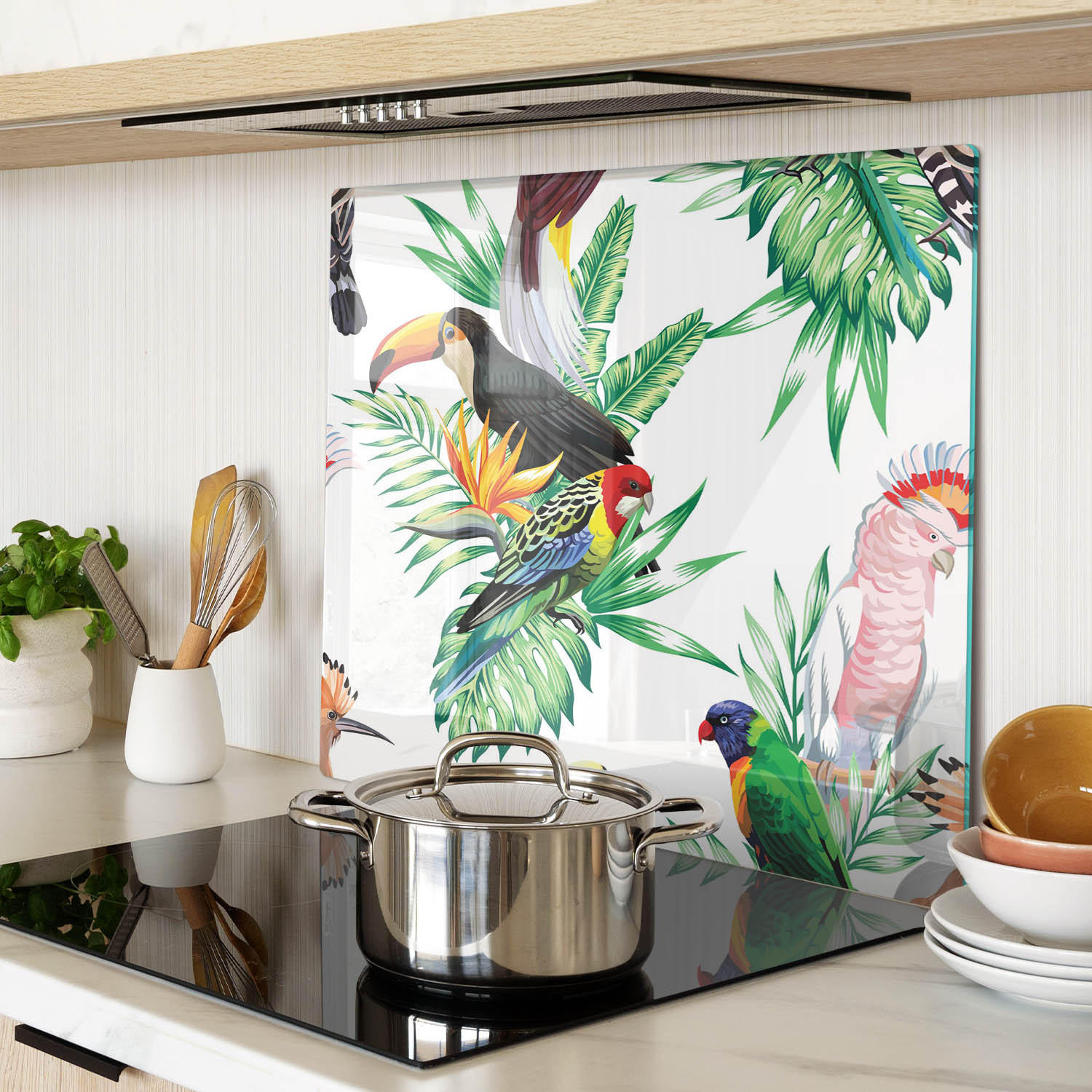 GLASPLATTE 60x52 cm Tropische Vögel - Schwarz/Braun, Glas (60/0.4/52cm) - TULUP