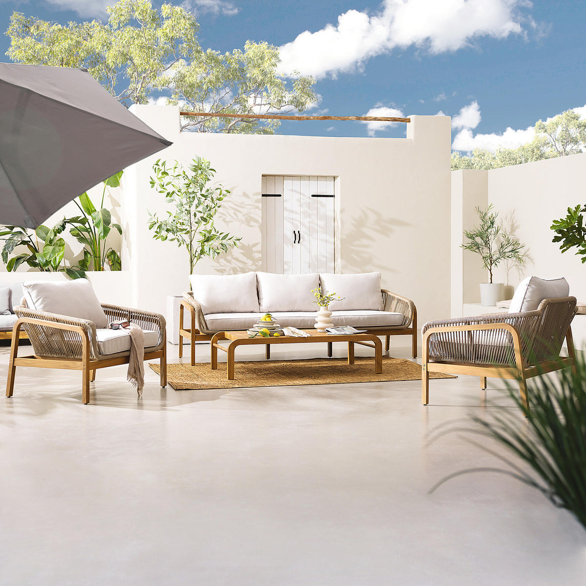 GARTENSITZGRUPPE - Teak massiv / Polyester - Braun / Beige - 5-teilig - Beige/Braun, Holz/Textil - home24