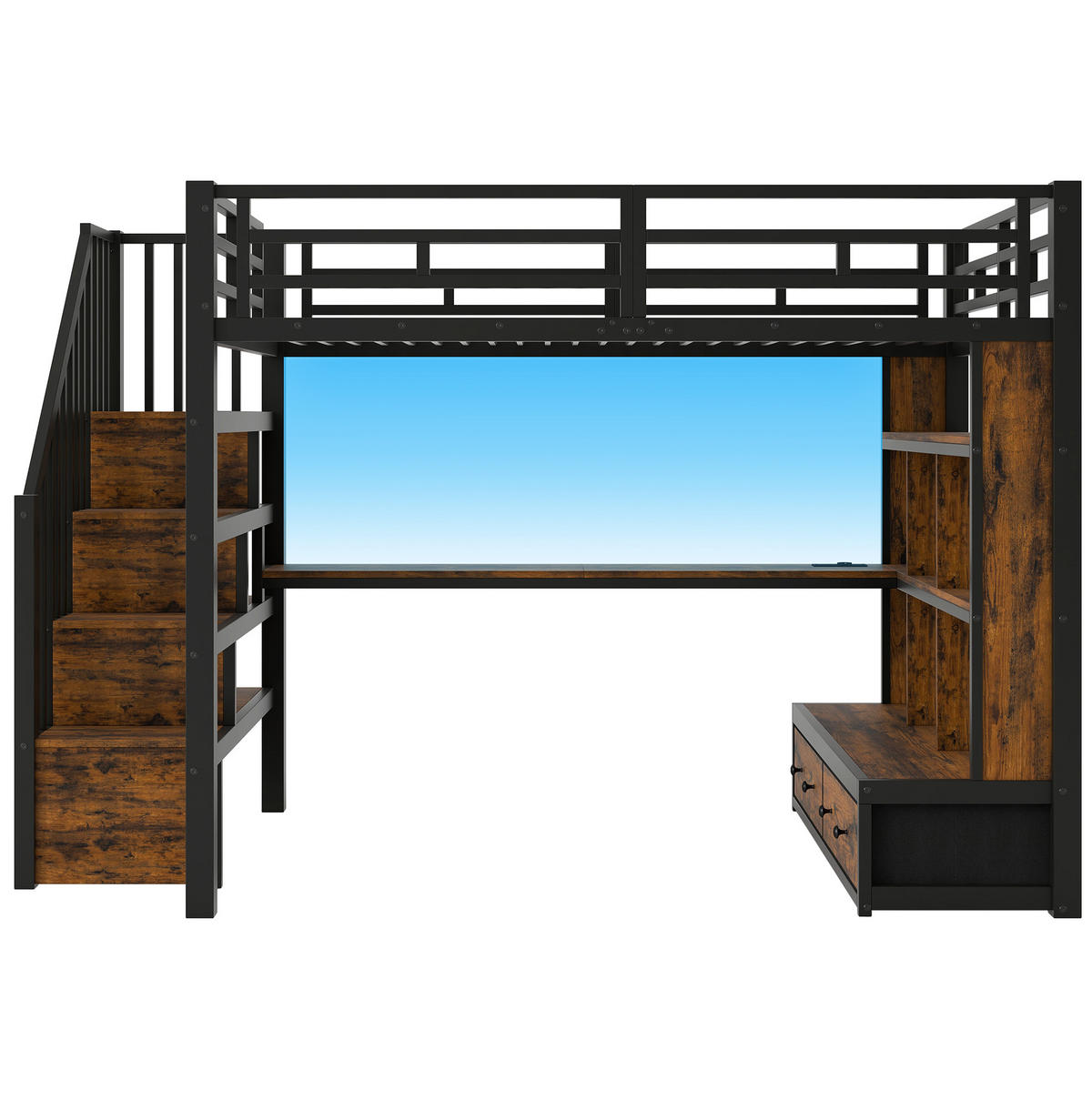 HOCHBETT 140/200 cm schwarz aus MDF und Metall mit Schreibtisch - Schwarz, Holzwerkstoff (140/200cm) - OKWISH