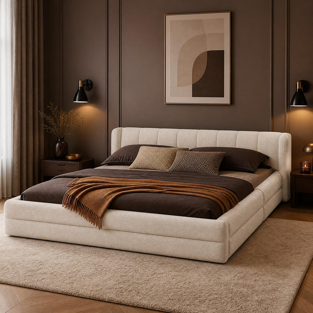 POLSTERBETT 140/200 mit Chenillebezug und komfortabler Rückenlehne in Beige - Beige, Holzwerkstoff/Textil (140/200cm) - EVRYAE