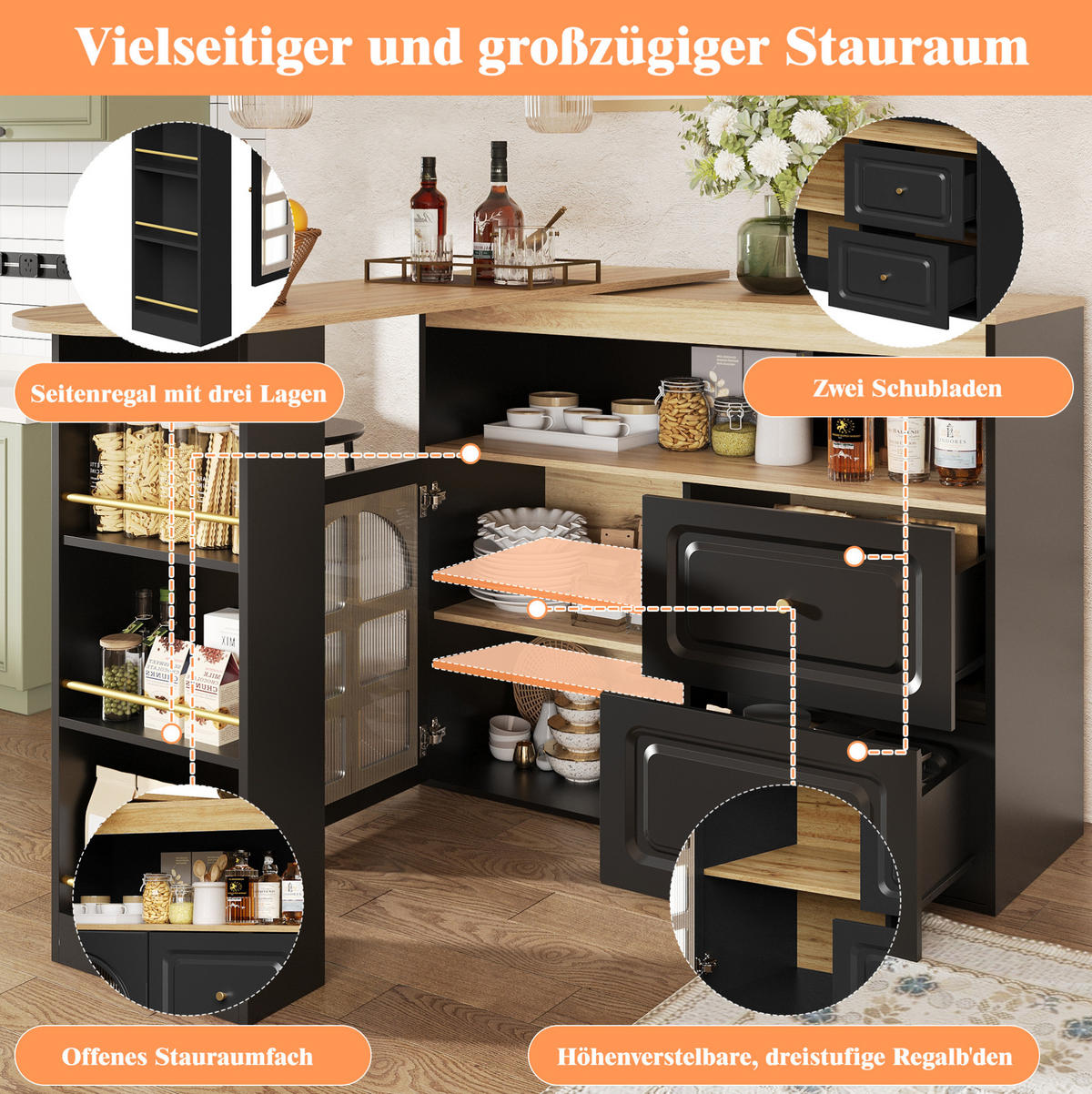 STEHTISCH 138-204/39/104 cm drehbar mit Regal und 2 Schubladen - Schwarz, Holzwerkstoff (39/204/104cm) - BEAOK