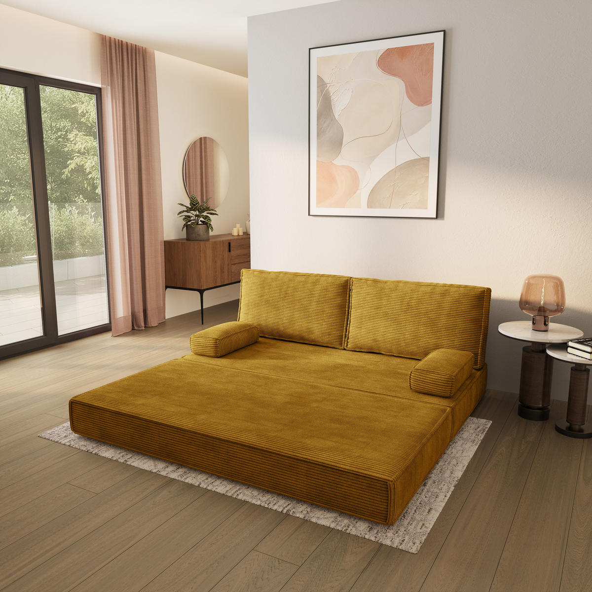 POHOVKA z pěny SILAR s funkcí spaní Manšestrová látka Žlutá - žlutá, textil (170/86/80cm) - MASSENO
