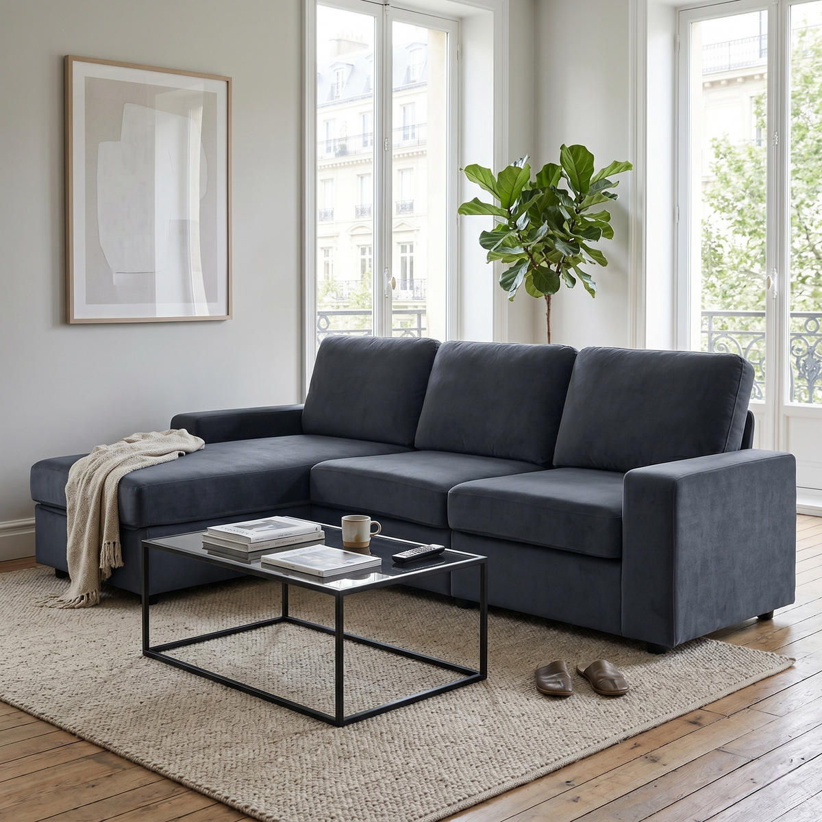 ECKSOFA Polyester Dunkelgrau mit Ottomane und Stauraum - Dunkelgrau, Holzwerkstoff/Textil (245.5/150.5cm) - WISHDOR