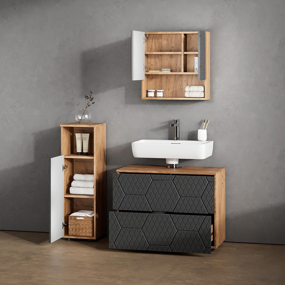 BADMÖBEL-SET Ronco Anthrazit gestreift 3 Teile, mit Midischrank - Anthrazit/Eiche Wotan, Holzwerkstoff (80/58/41cm) - Livinity®
