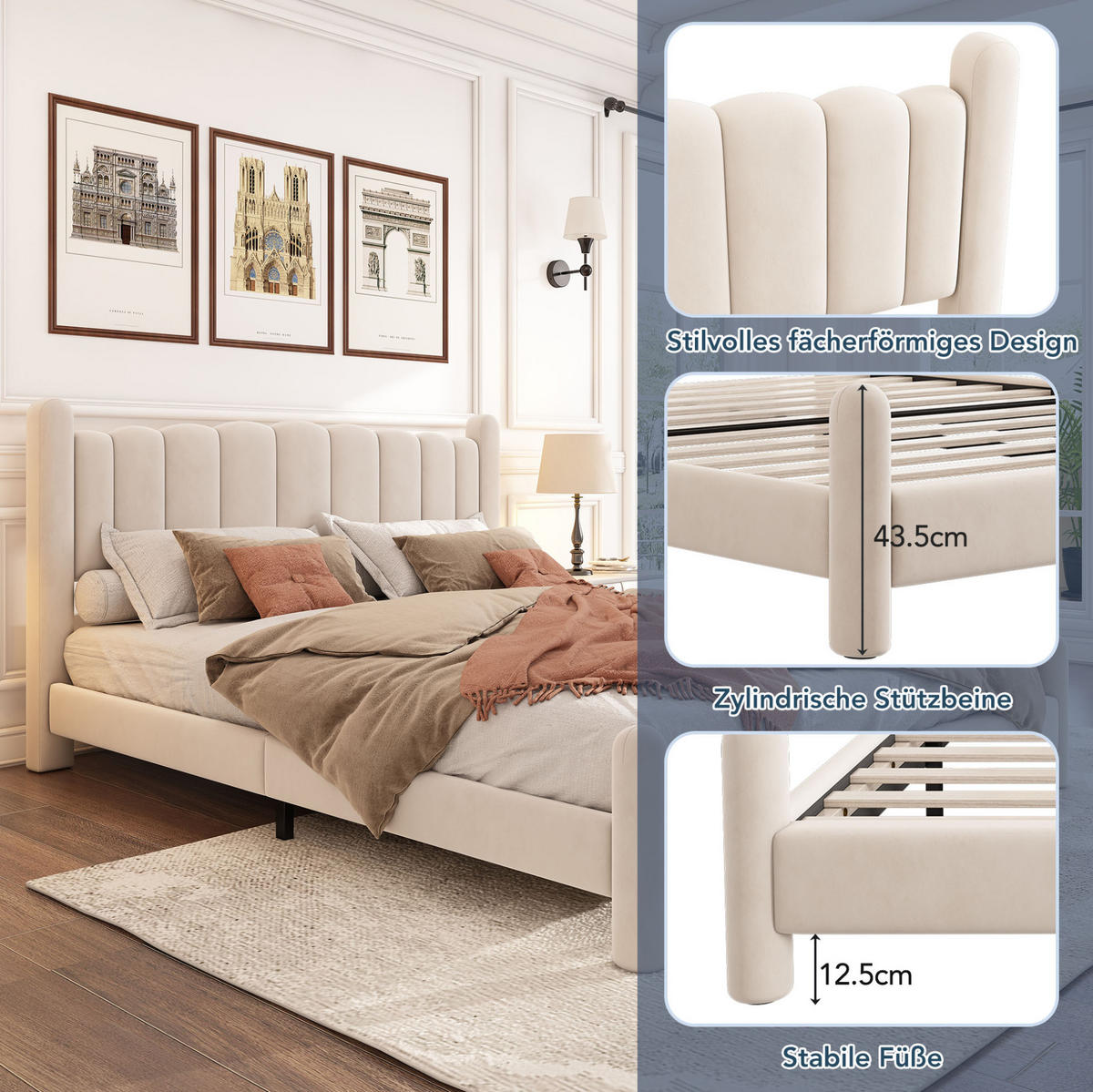 POLSTERBETT mit Lattenrost 180x200 cm Samt Beige - Beige, Metall (180/200cm) - Meubliv