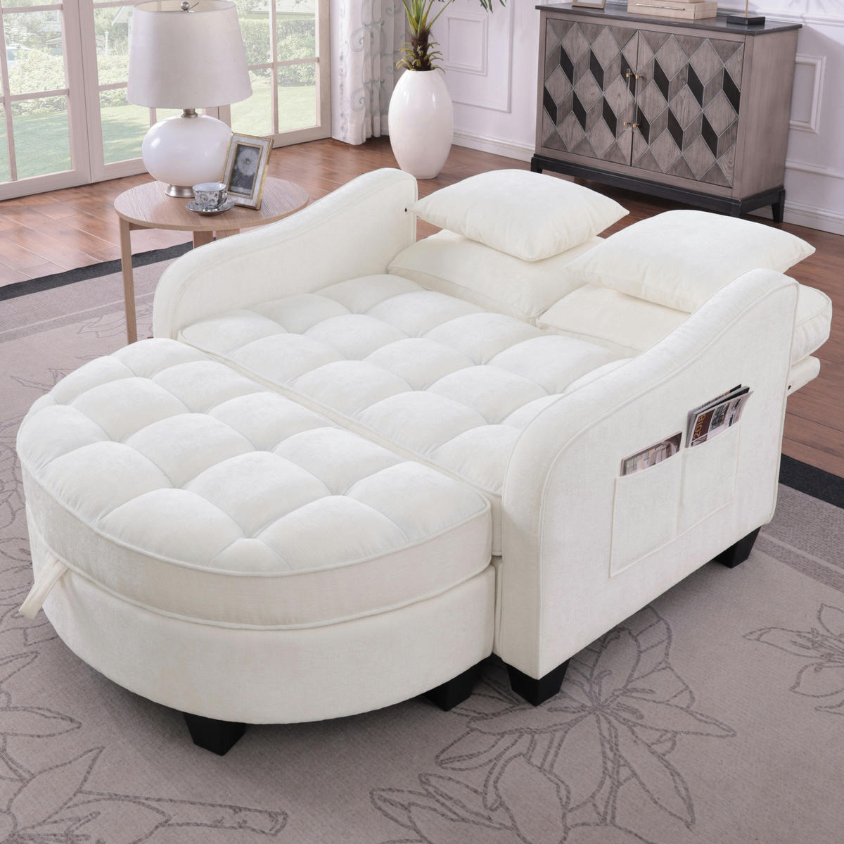 RÉCAMIERE 2-in-1 mit Hocker 132 x 129 x 93 cm Eukalyptusholz Beige - Beige, Holzwerkstoff (129/93/132cm) - Meubliv