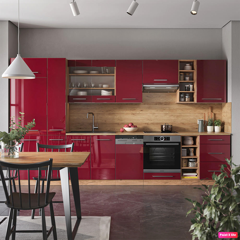 KÜCHENZEILE Fame-Line Bordeaux Hochglanz/Goldkraft Eiche 355 cm AP Anthrazit - Honigeiche/Bordeaux, Holzwerkstoff (355/81.6/60cm) - Vicco