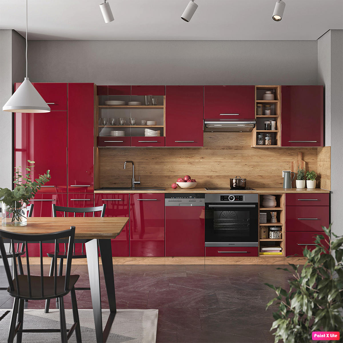 KÜCHENZEILE Fame-Line Bordeaux Hochglanz/Goldkraft Eiche 355 cm AP Anthrazit - Honigeiche/Bordeaux, Holzwerkstoff (355/81.6/60cm) - Vicco