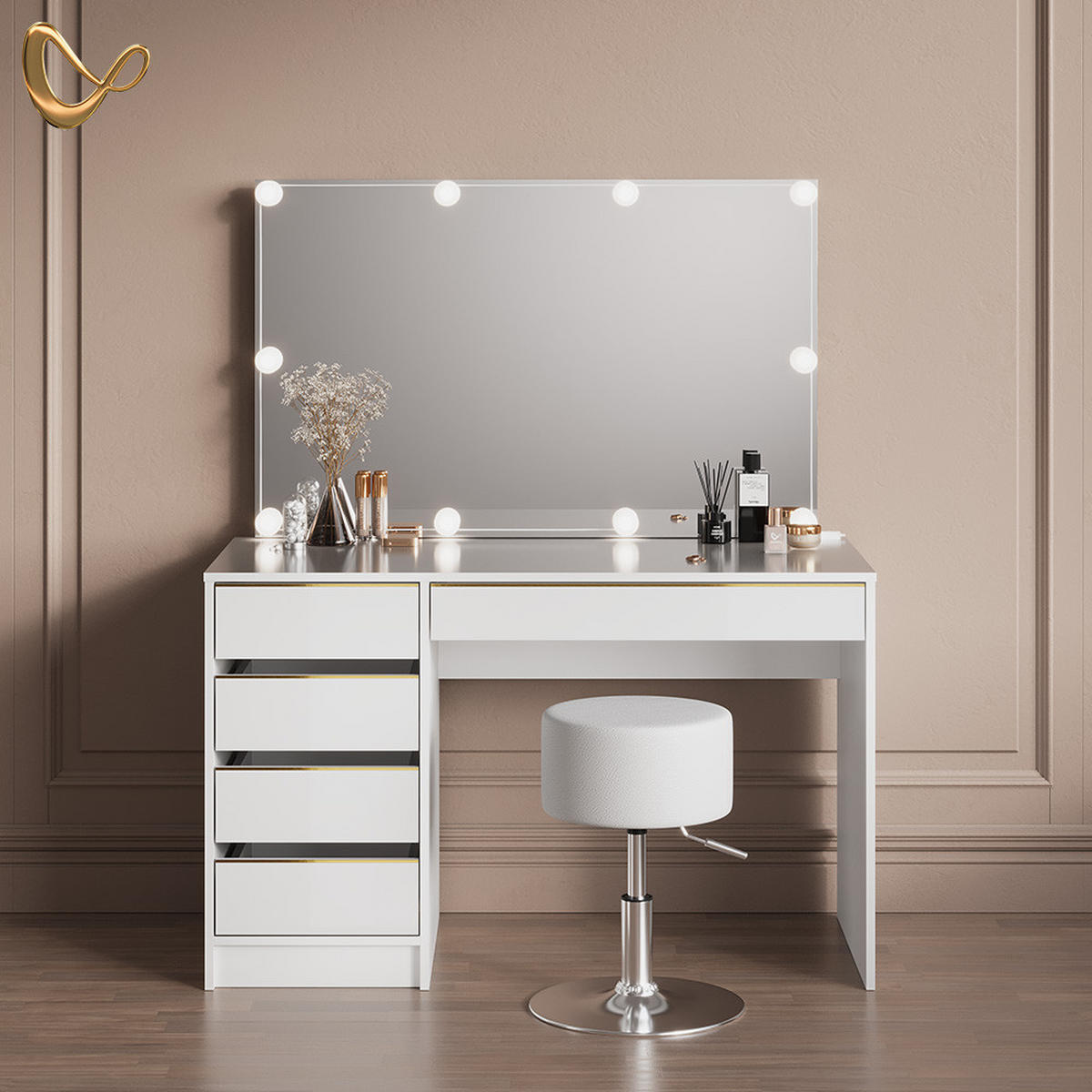 SCHMINKTISCH Imola Weiß/Gold mit LED Beleuchtung und Hocker - Goldfarben/Weiß, Holzwerkstoff (120/75/55cm) - Livinity®