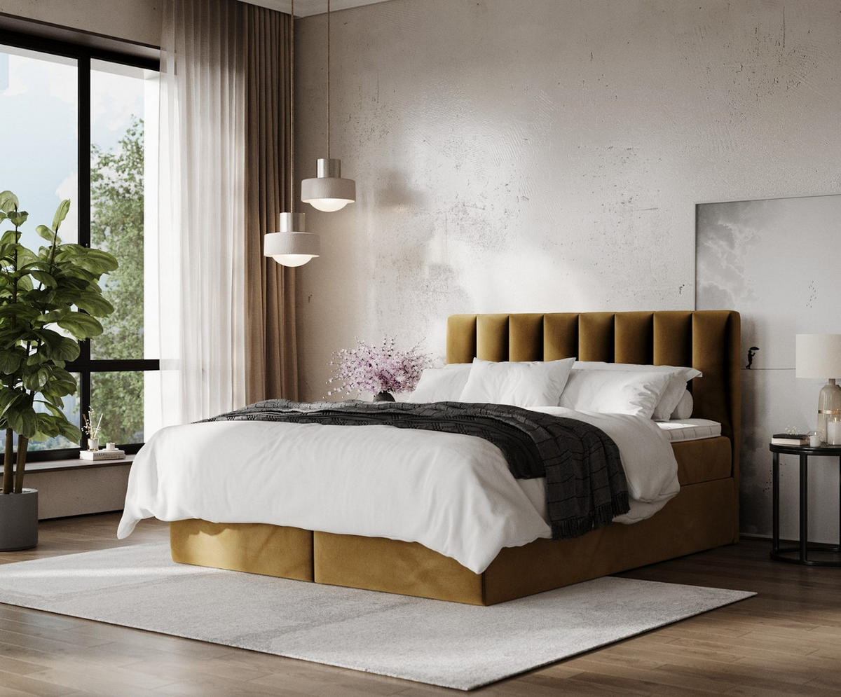 BOXBETT Lusso 180/200 cm Honiggelb im Kronos Stoff - Schwarz/Honig, Holz/Holzwerkstoff (180/200cm) - AltaBeds