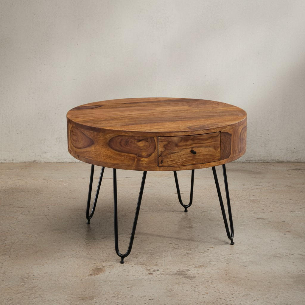 COUCHTISCH Sheesham-Massivholz Schwarz, Metallbeine, Handgefertigt, Mit Schubladen - Schwarz/Braun, Holz/Metall (60/60/44cm) - KADIMA DESIGN