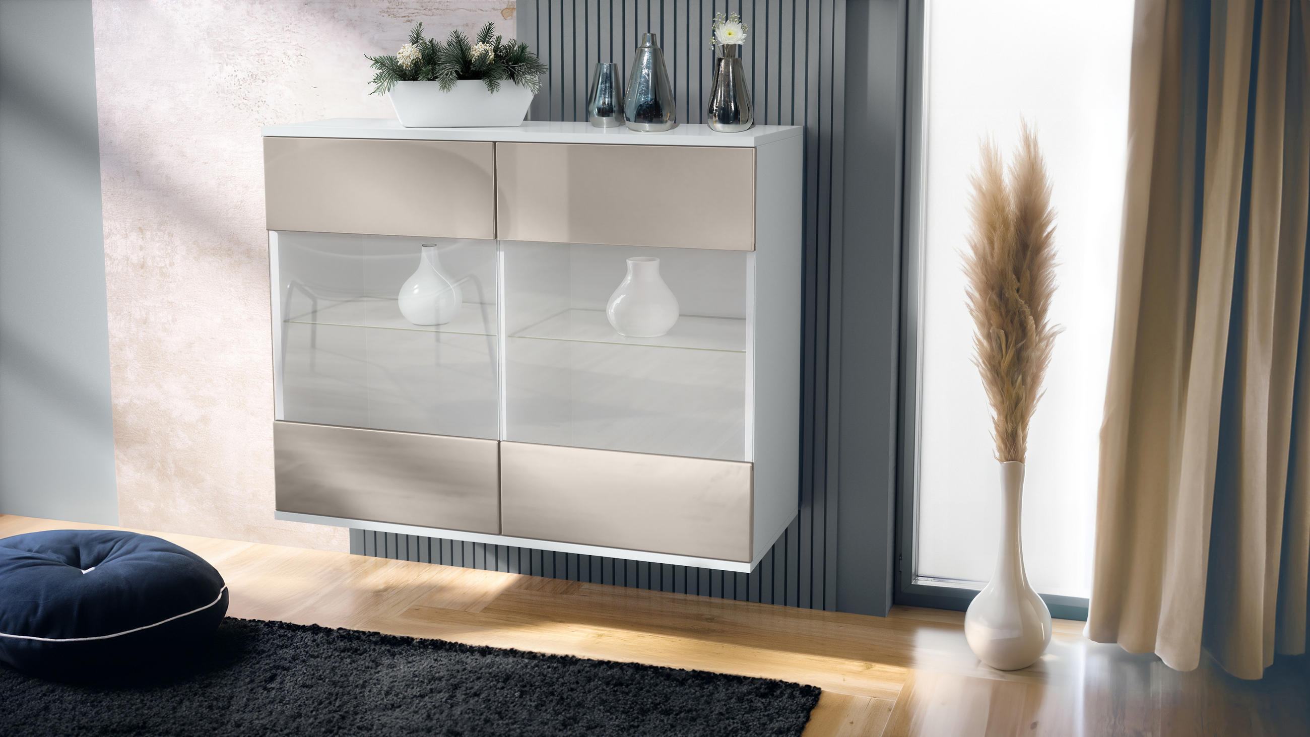 KOMMODE Bari Sandgrau Hochglanz - Sandfarben, Holzwerkstoff (92.5/73.5/35cm) - Vladon