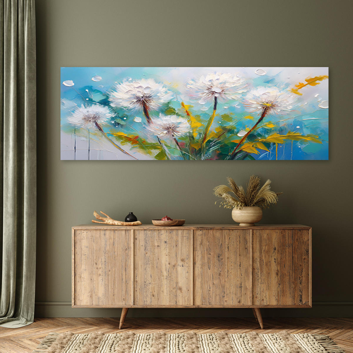 WANDBILD löwenzahn löwenzahnpflanzen türkis - Blau, Textil (90/30cm) - Feeby