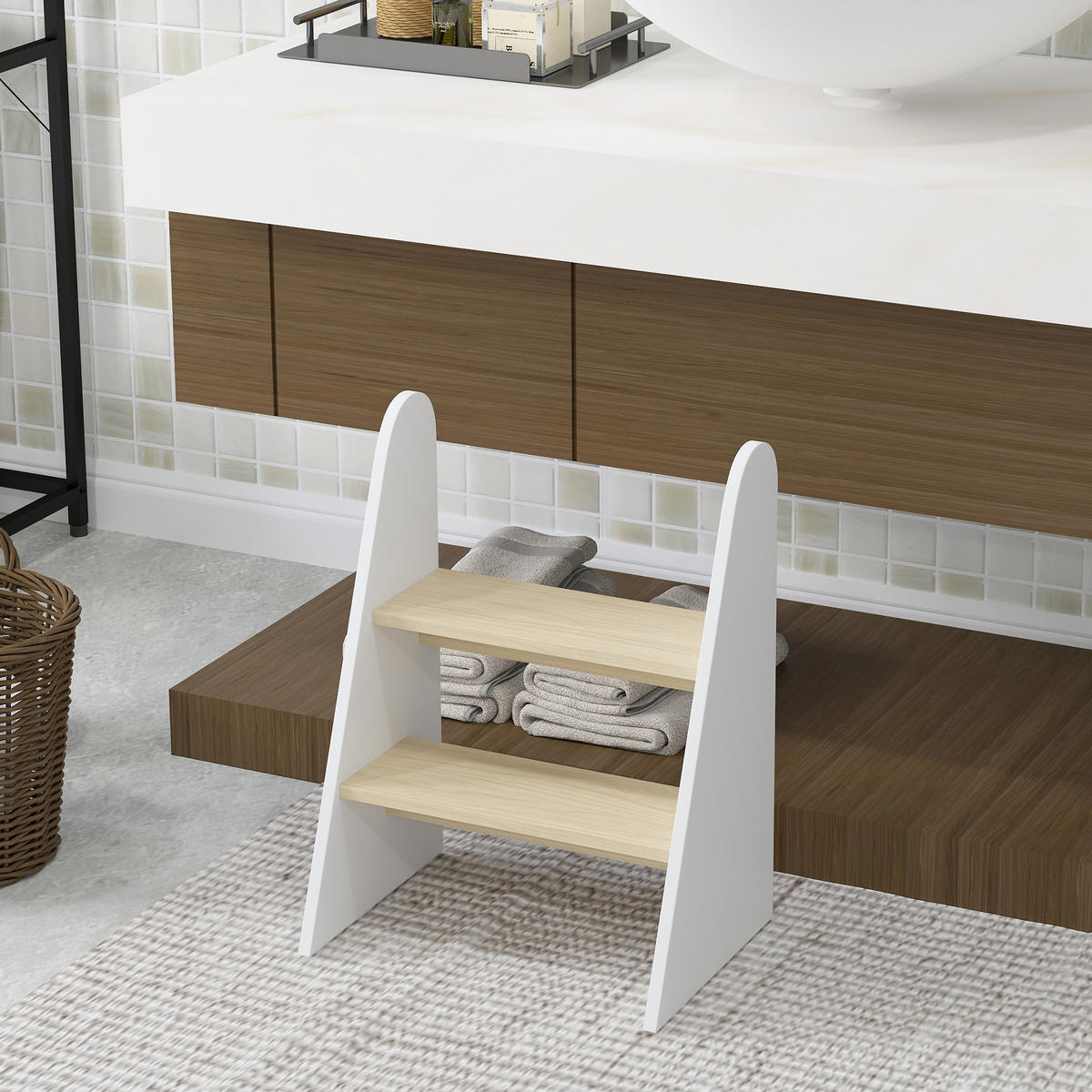 KINDERTRITTHOCKER DE-17238 2-stufig, rutschfest Weiß - Weiß, Naturmaterialien (30/55/43cm) - ComfortXL