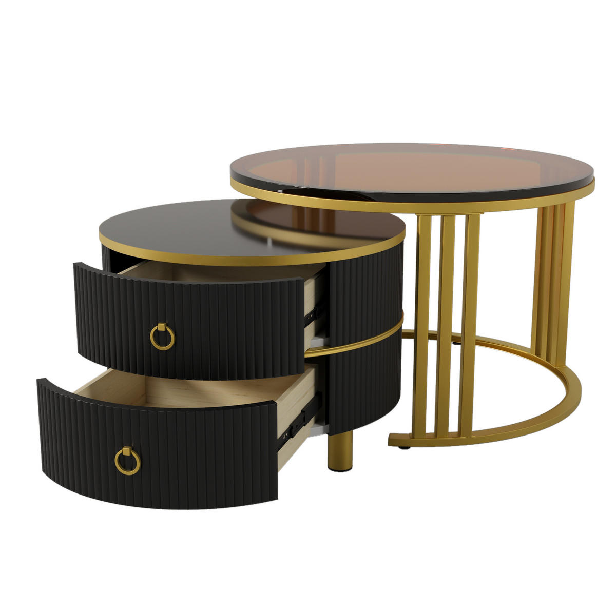 COUCHTISCH-SET 70/70/45 + 50/50/40 cm mit 2 Schubladen, Glas und Hochglanz - Schwarz, Holzwerkstoff (70/70/45cm) - Flora Grace