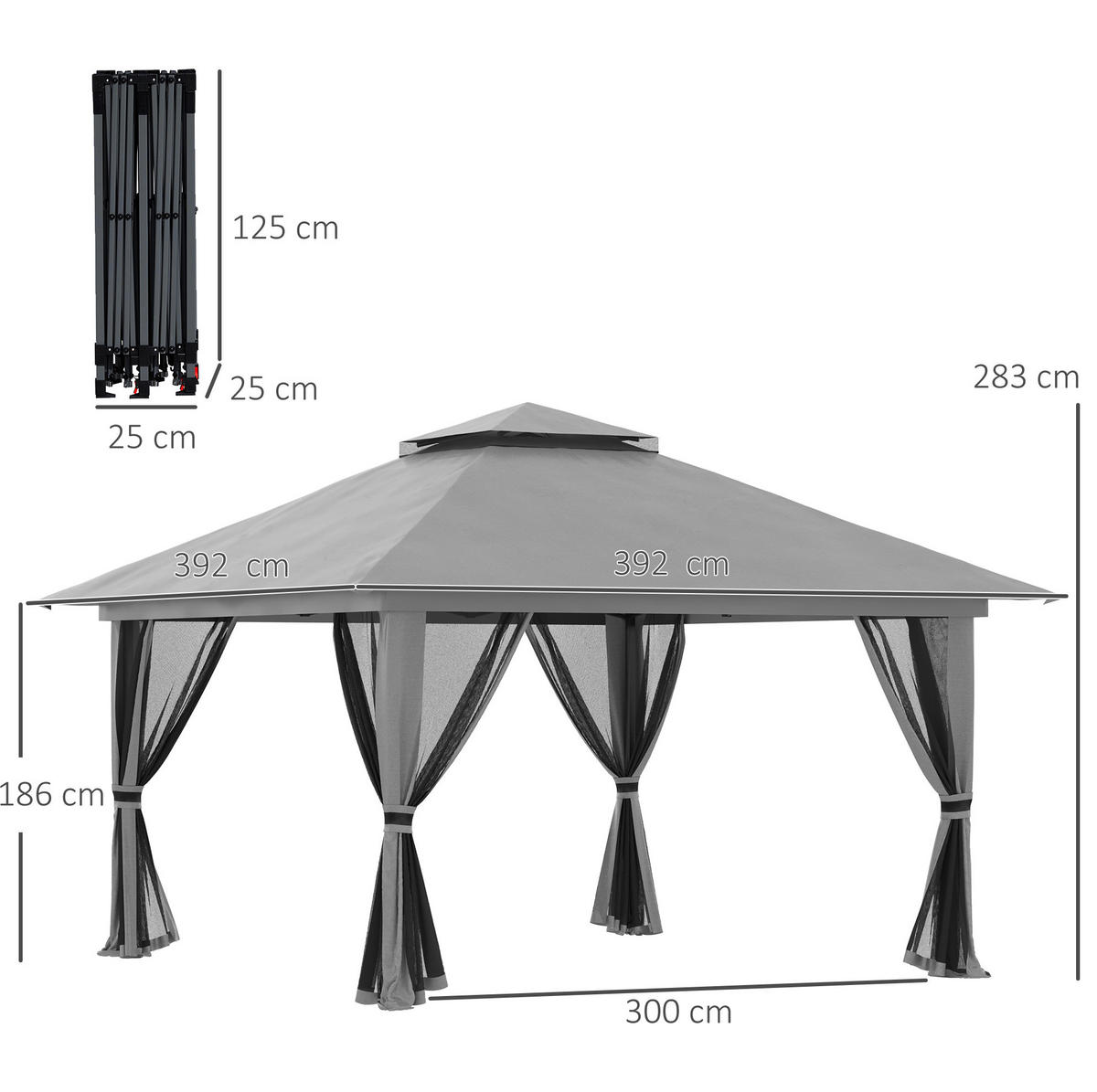 PAVILLON 392/392/283 cm dunkelgrau aus Eisen höhenverstellbar - Dunkelgrau, Metall (392/283/392cm) - OKWISH