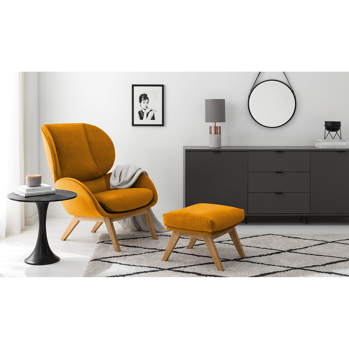 POLSTERHOCKER - Eichefarben/Orange, Eichenholz/Textil (54/41/41cm) - home24