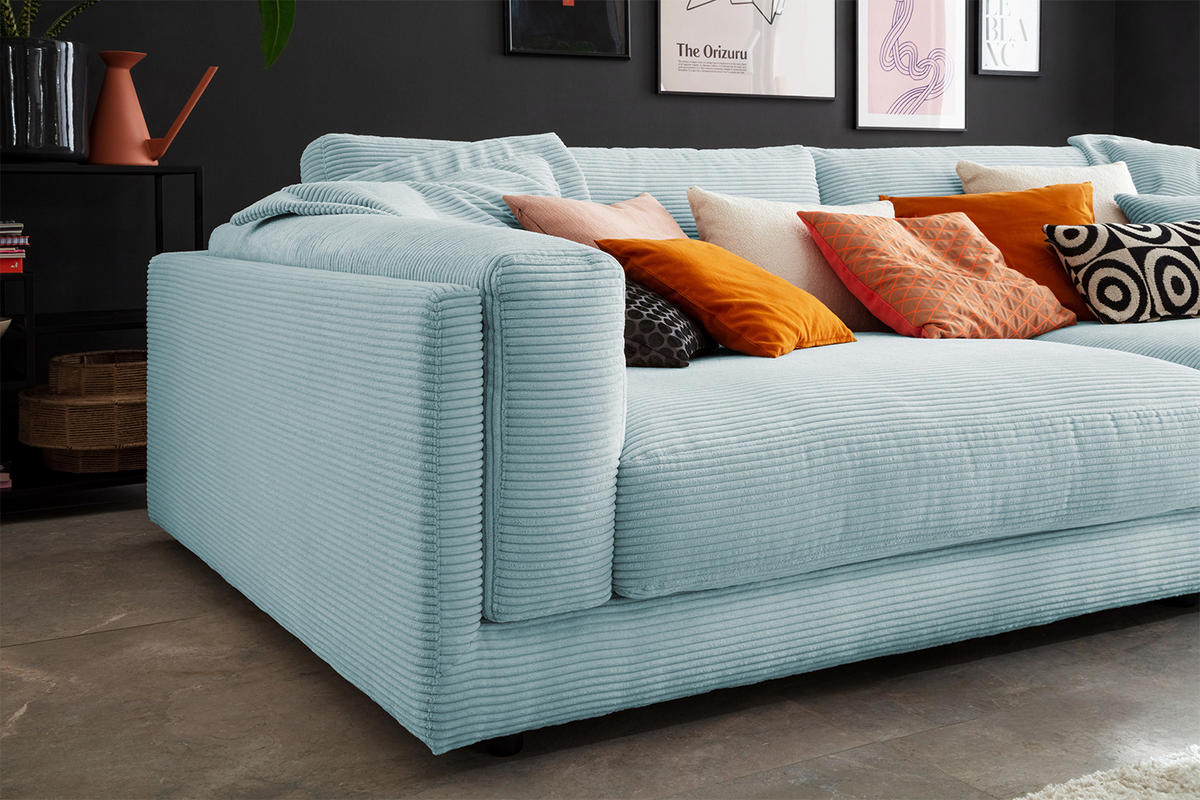BIG SOFA RAINA Hellblau Cord - Schwarz/Hellblau, Kunststoff/Textil (254/85/150cm) - KAWOLA