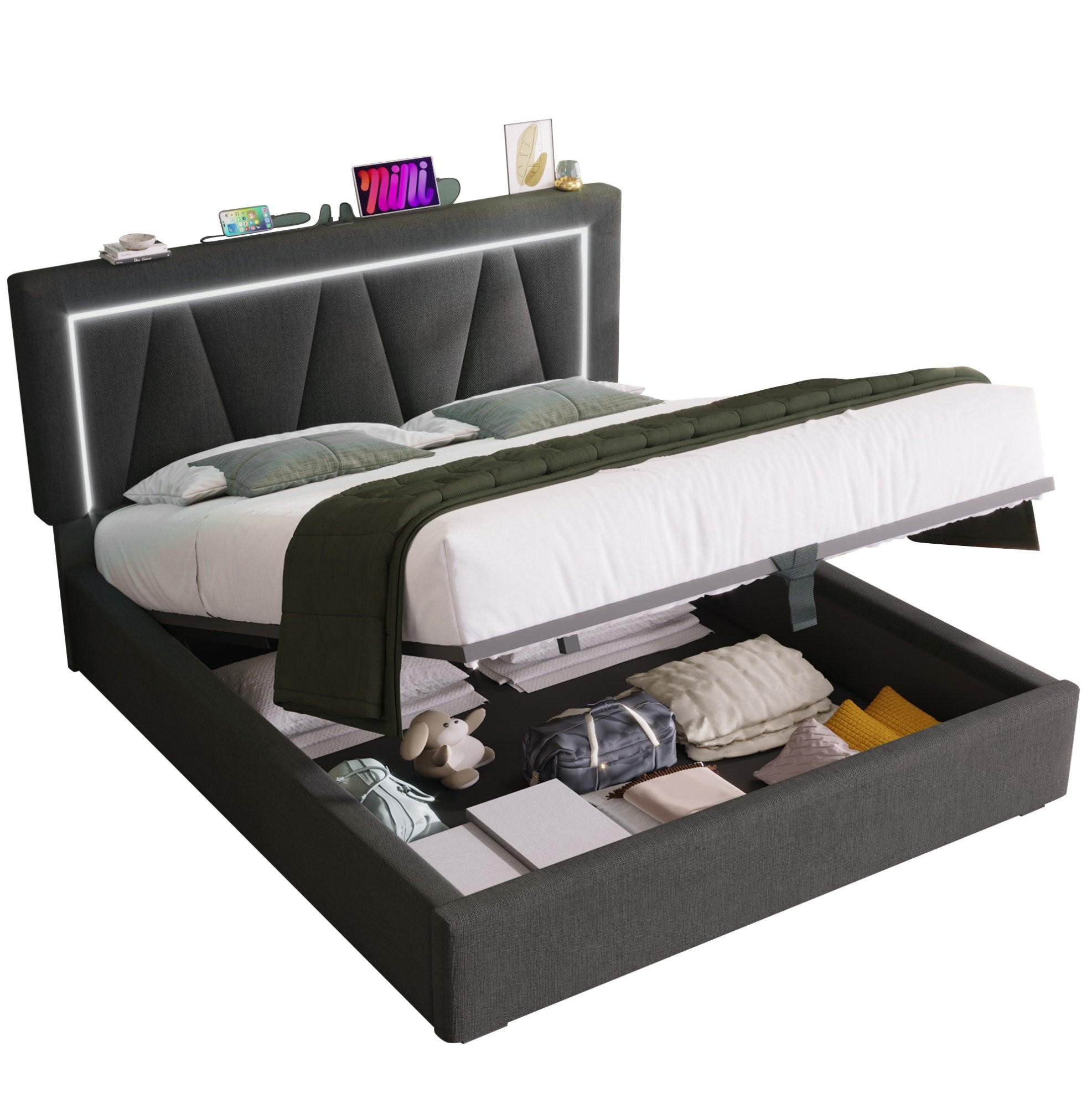 POLSTERBETT 140/200 cm grau aus Leinen mit LED, USB-C und Stauraum - Grau, Textil (140/200cm) - OKWISH