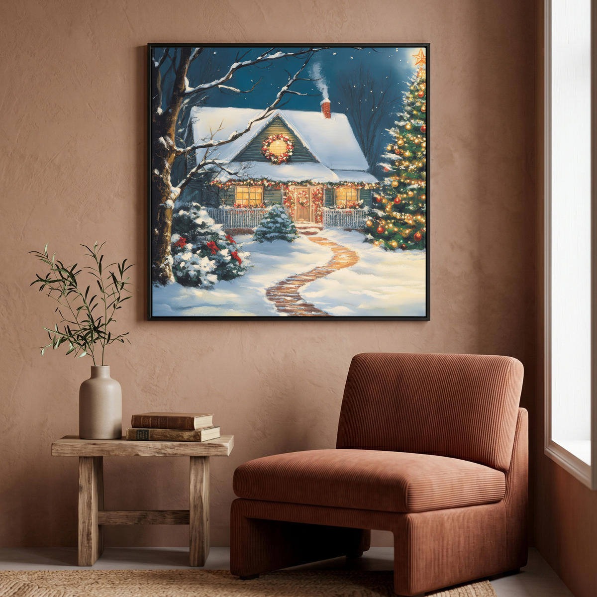 LEINWAND Bilder mit Rahmen - Weihnachten - Weihnachtsbaum - Winter - Zuhause - Schnee - 90x90 - Smaragdgrün, Textil (90/90cm) - MuchoWow