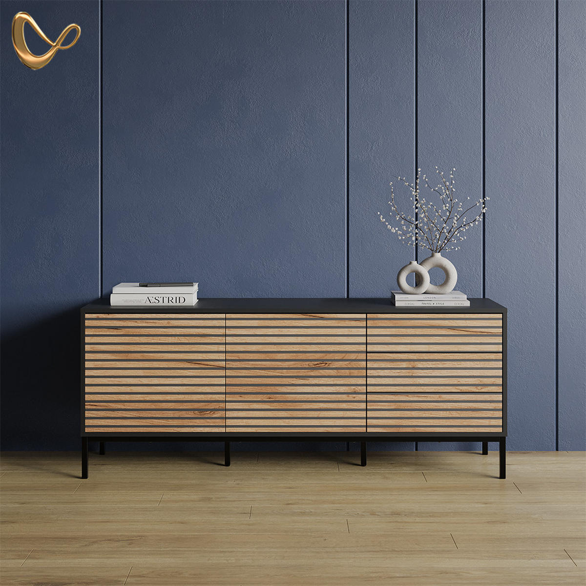 LOWBOARD Aterno Goldkraft Eiche/Anthrazit 150 x 60 cm mit 3 Schubladen - Honigeiche/Anthrazit, Holzwerkstoff (150/60/40cm) - Livinity®