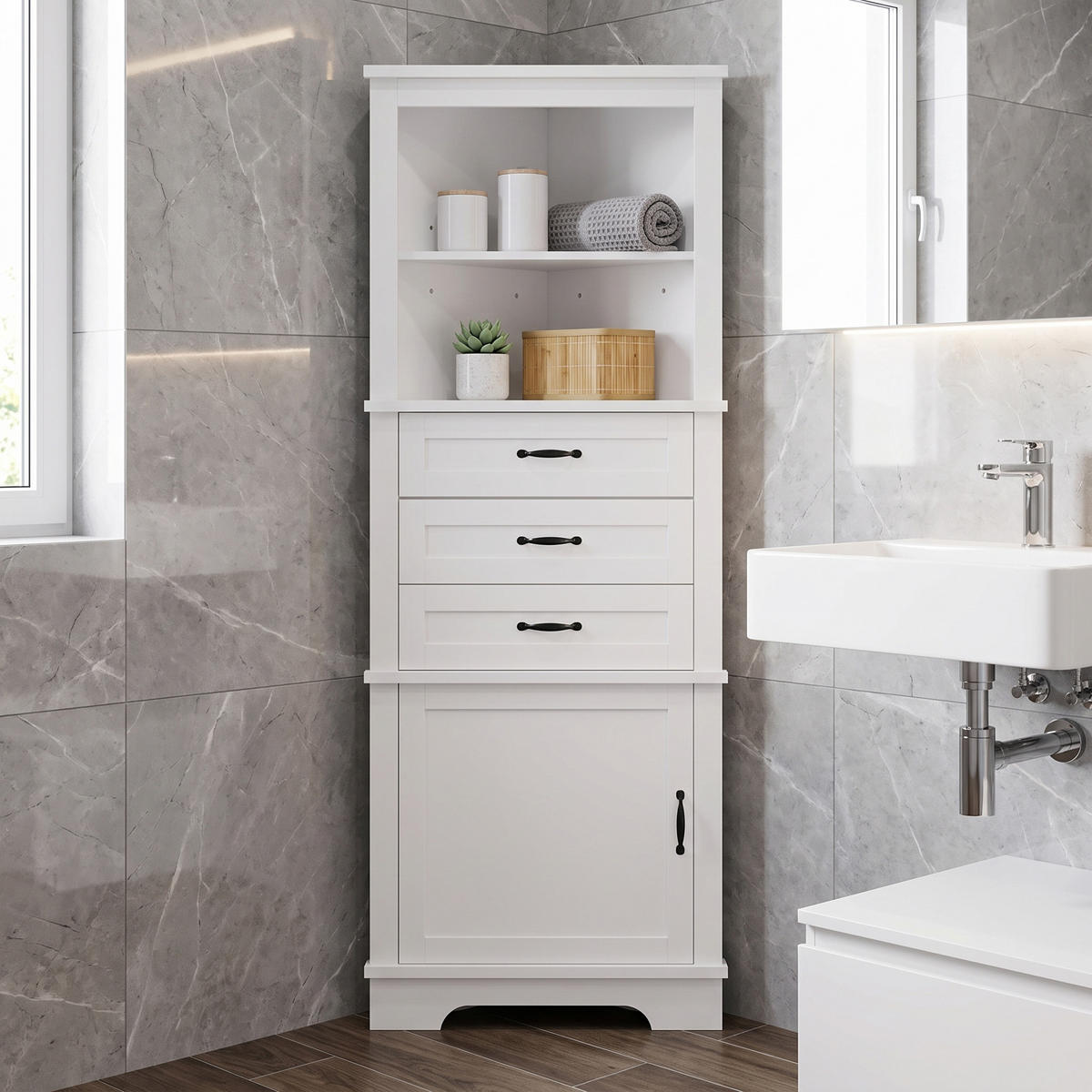ECKSCHRANK BADEZIMMER Weiß mit 3 Schubladen & offenen Fächern - Weiß, Holzwerkstoff (57.7/167.5/46cm) - Urban Meuble