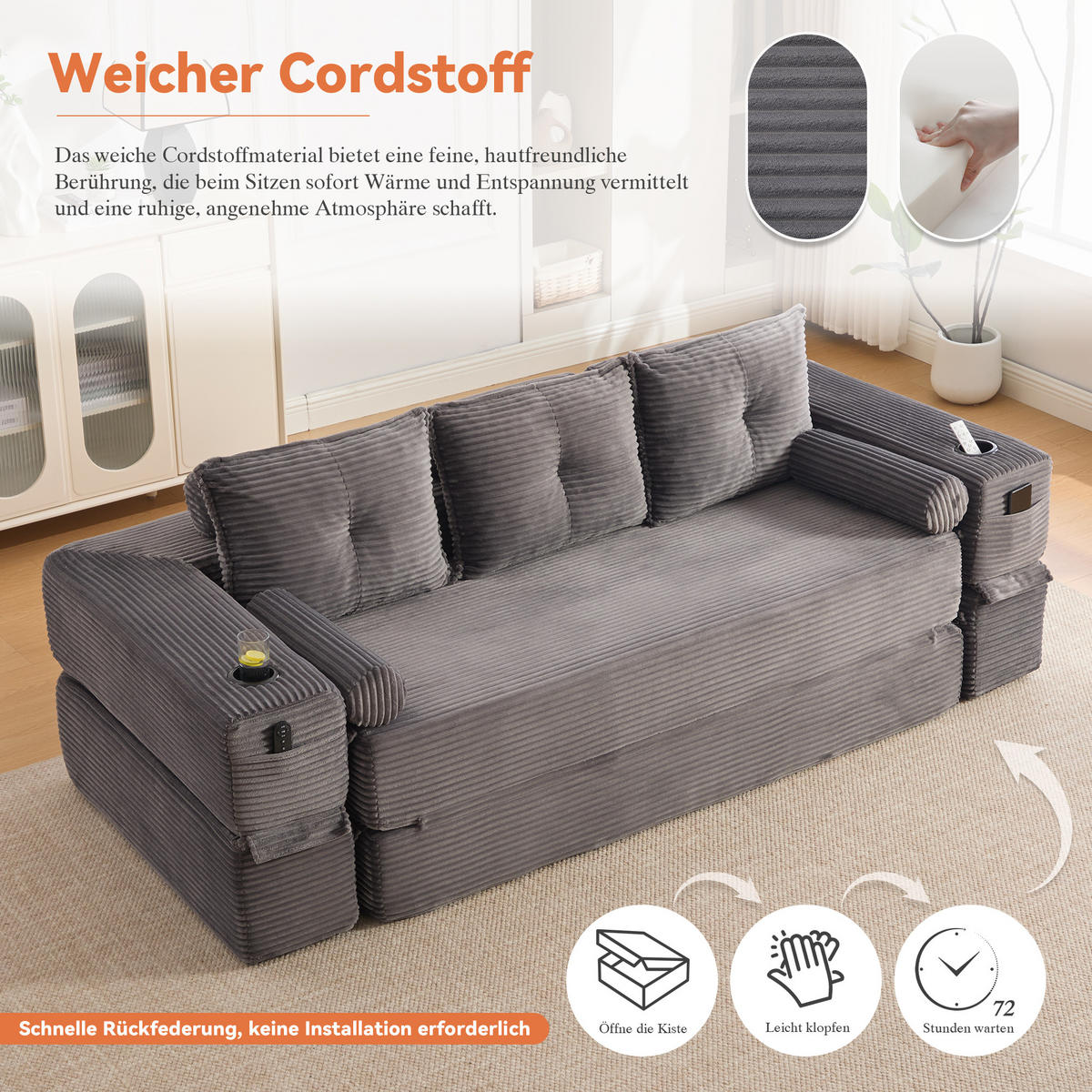 SCHLAFSOFA, 2-in-1 Klappsofa mit Getränkehalter, Modulares Bodensofa Cordstoff, Dunkelgrau - Dunkelgrau, Textil (232/80/98cm) - LVHOM