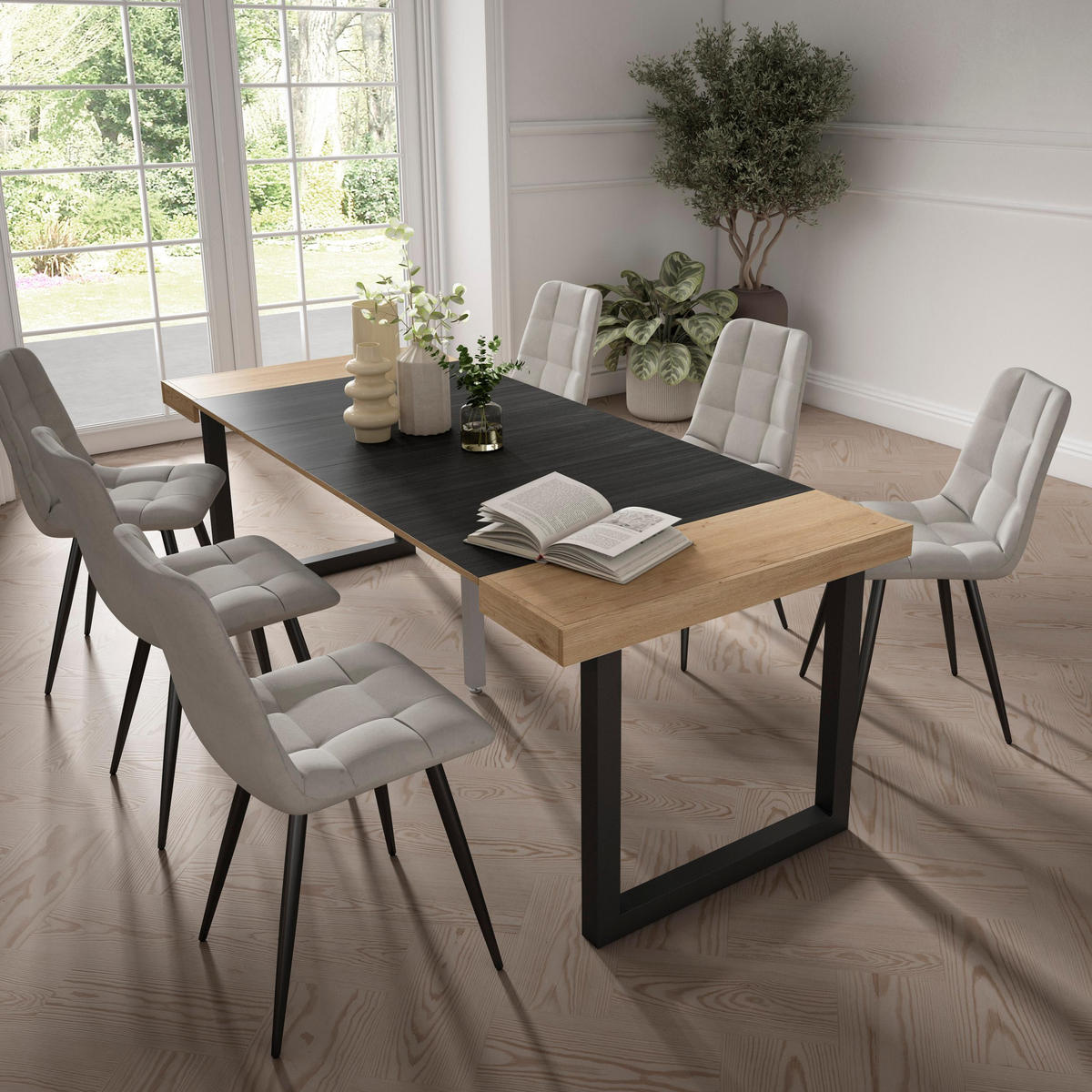 KONSOLENTISCH ausziehbar 58 bis 222cm, für 10 Gäste, eiche, schwarz, 90/58/73cm - Eichefarben/Schwarz, Holzwerkstoff (90/222/73cm) - Skraut Home