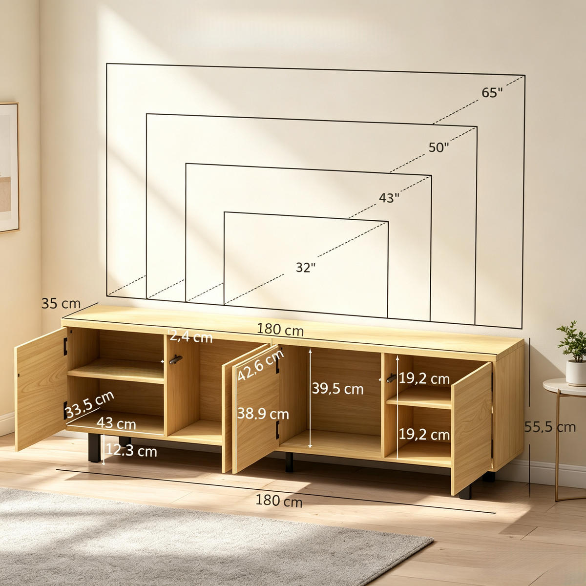 TV-SCHRANK 180/35/55.5 cm Natürlich mit 4 Drucktüren - Schwarz/Naturfarben, Holz/Holzwerkstoff (180/55.5/35cm) - Oxeza