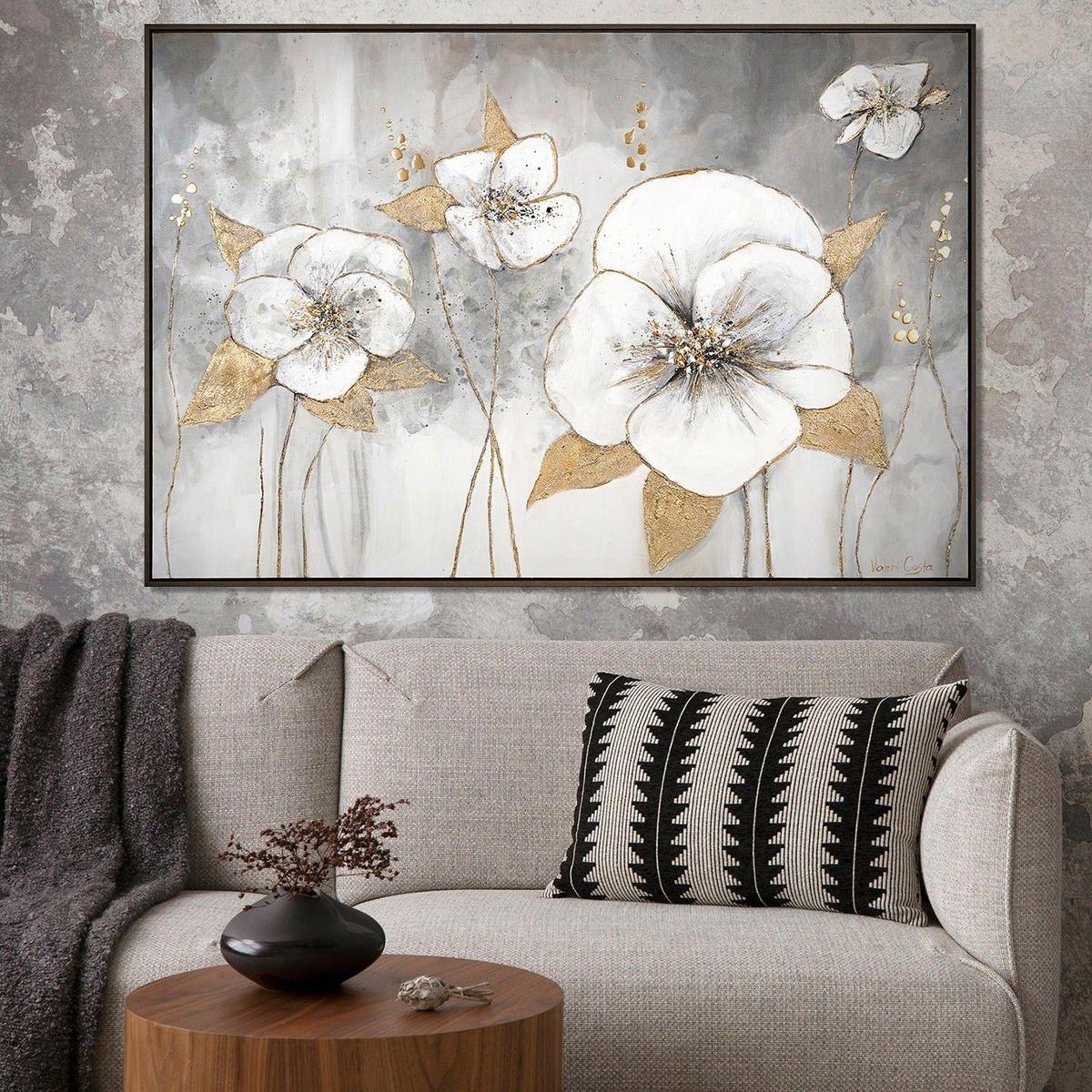 GEMÄLDE Goldene Blüten Schattenfugenrahmen Grau 120x80 cm - Grau, Holz (120/80cm) - YS-art gallery
