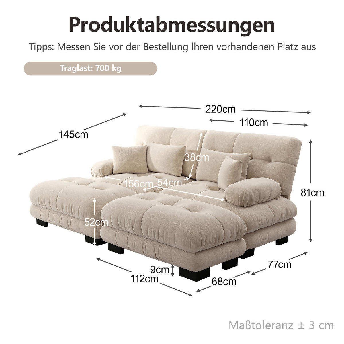 2-SITZER-SOFA DE-34065 modular mit 2 Ottomans Hellbraun - Hellbraun, Holz (145/81/220cm) - ComfortXL