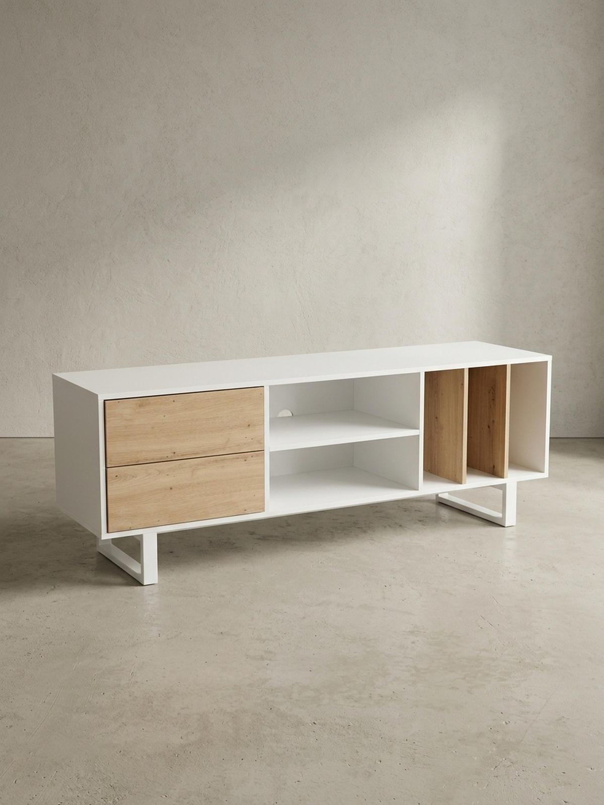 TV-LOWBOARD mit Eiche-Dekor, Schubladen und offenes Regal, modern, Weiß 150x40x55 cm - Weiß, Holzwerkstoff/Metall (150/55/40cm) - KADIMA DESIGN