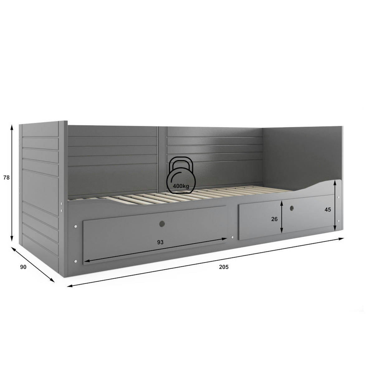 TAGESBETT Hermes 200x80/160cm Grau mit Lattenrost und Schubladen - Grau, Holzwerkstoff (160/200cm) - Interbeds