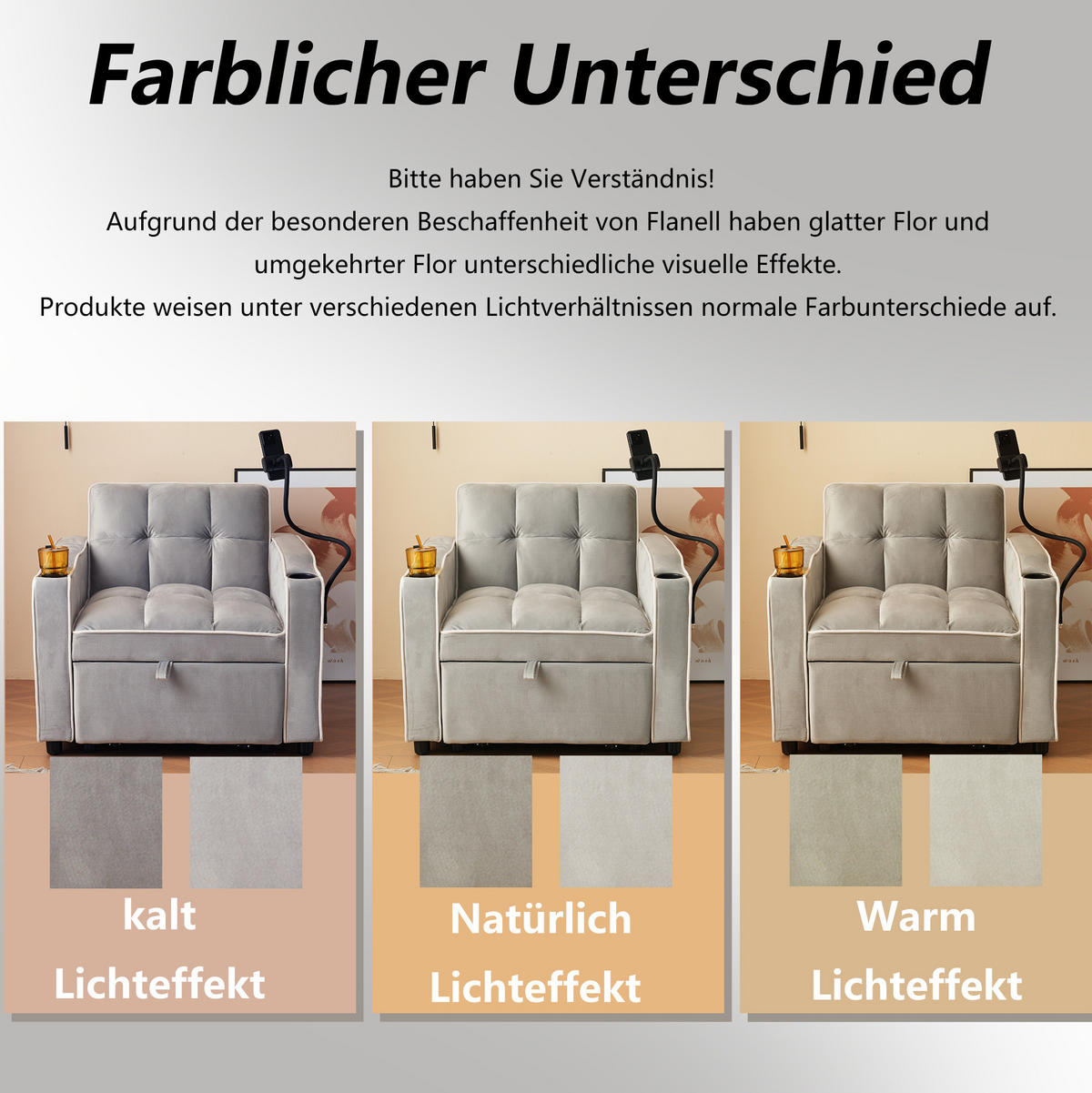 SCHLAFSESSEL Samt mit Getränkehaltern und Handyhalter Antik Grau Weiß 83/167/76 cm - Grau, Textil (83/76/167cm) - Redom