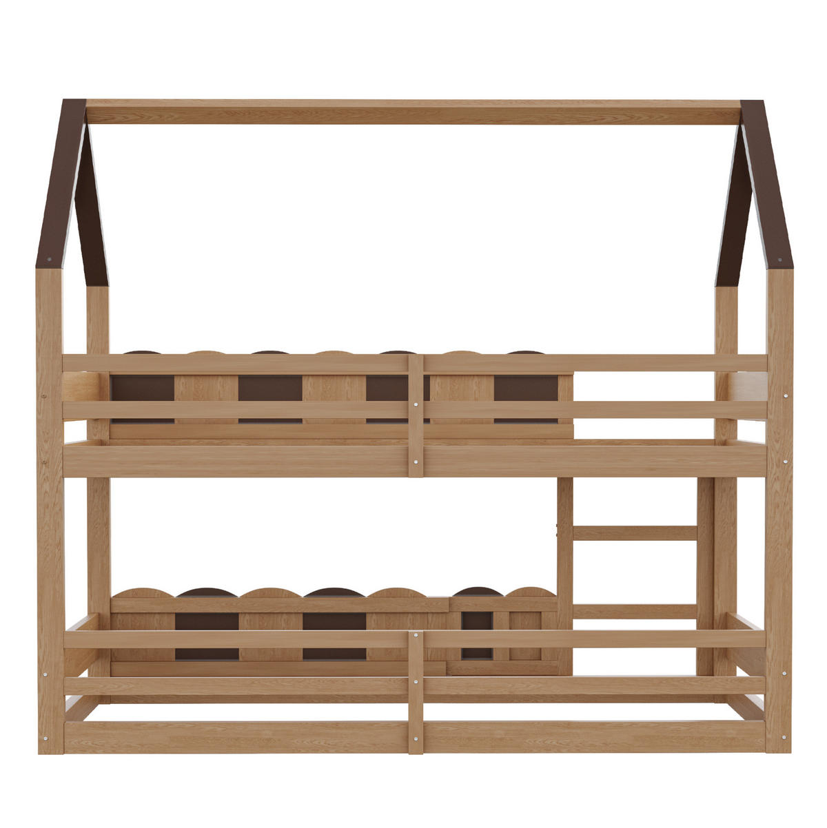 ETAGENBETT aus Holz 90x200 cm Naturholz mit Hausdesign, Sicherheitsgeländern und Lattenrost - Naturfarben, Holz (90/200cm) - Modfu