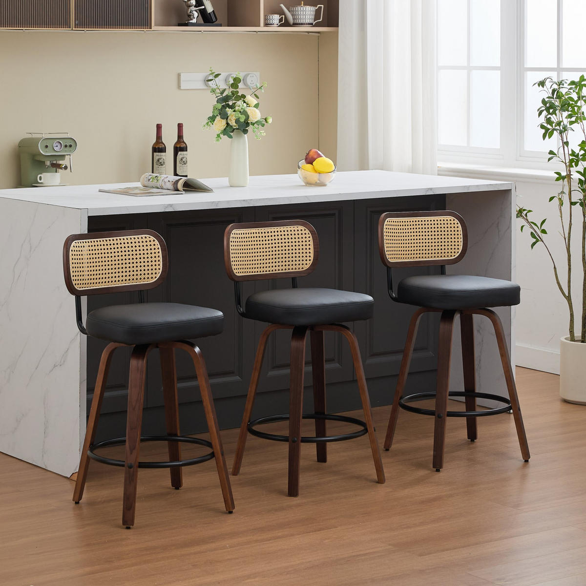 BARHOCKER 3er-Set,Drehstuhl,360° drehbar,PU-Leder,Schwarz - Schwarz, Holz (42/90/56cm) - LVHOM