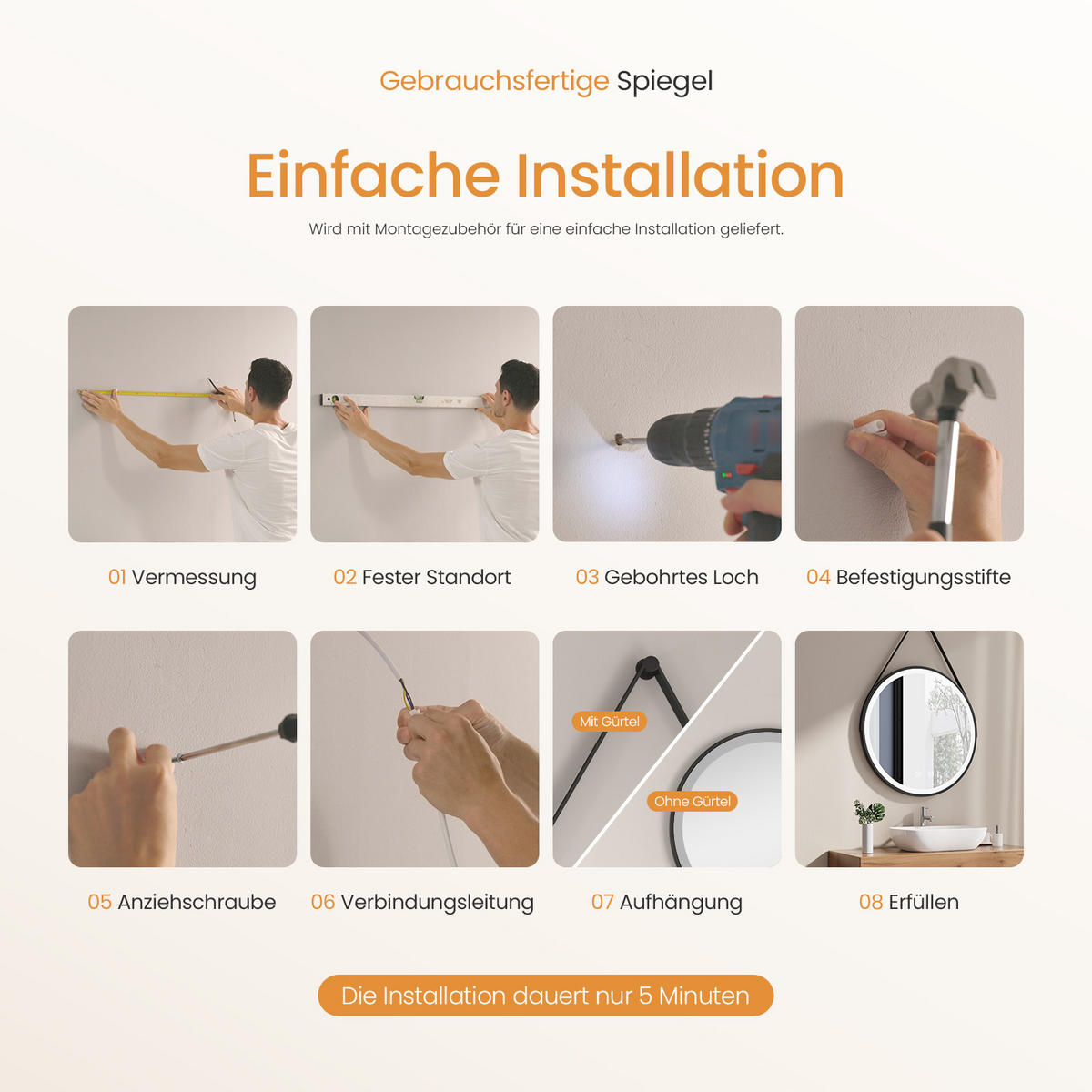 BADSPIEGEL Rund mit Antibeschlag mit Hängeriemen Schwarz ф80 cm - Schwarz, Glas (80/3.5/80cm) - EMKE