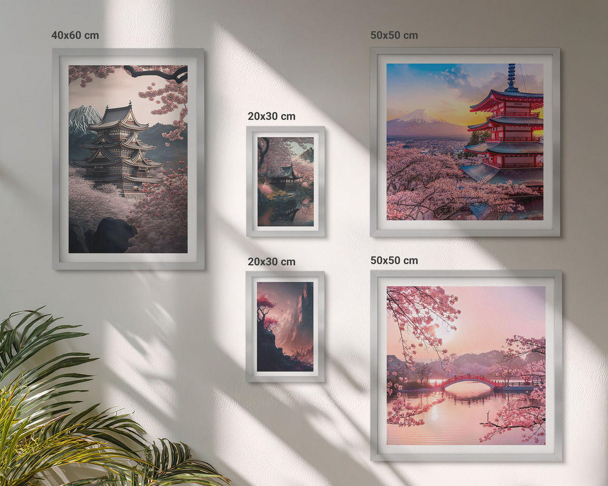 BILDER SET 5er Set - 50x50 cm & 20x30 cm & 40x60 cm Silberner Rahmen - Fantasielandschaften Japans - Silberfarben, Kunststoff (40/60cm) - TULUP