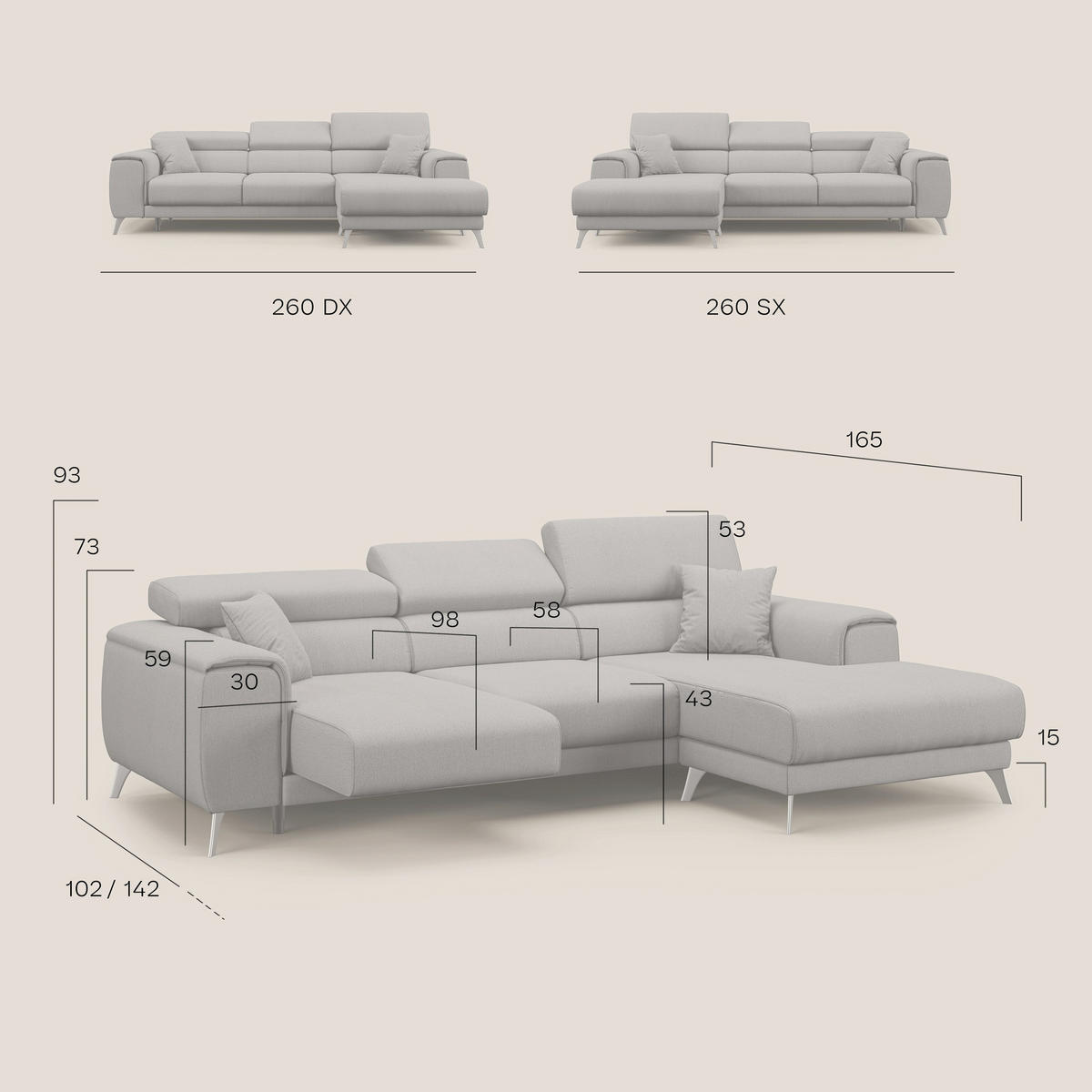 ECKSOFA RECHTS Fusion - Rot, Textil (260/102cm) - Divani.store