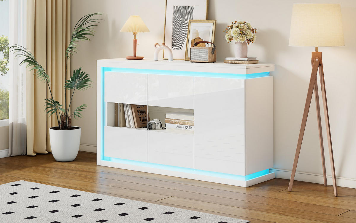 SIDEBOARD 140/40/84 cm aus Spanplatte mit LED-Lichtleiste und Glastüren Weiß - Weiß, Holzwerkstoff (140/84/40cm) - Modenvie
