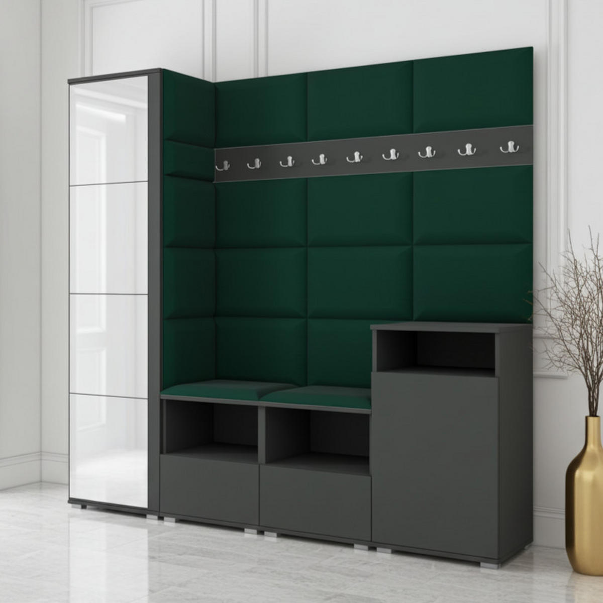 GARDEROBE NELA X 200 cm (Modulare Flurmöbel Graphit mit Spiegel & Sitzpolster Flaschengrün 28 Schrank + Sideboard) - Dunkelgrün/Silberfarben, Holz/Holzwerkstoff (200/187/40cm) - Ravio