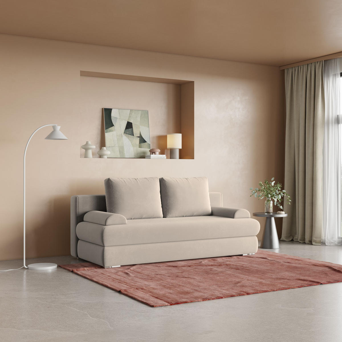 POHOVKA ASPERO, Plyšová látka PAROS, Béžová - stříbrná/béžová, kompozitní dřevo/textil (200/75/95cm) - MASSENO
