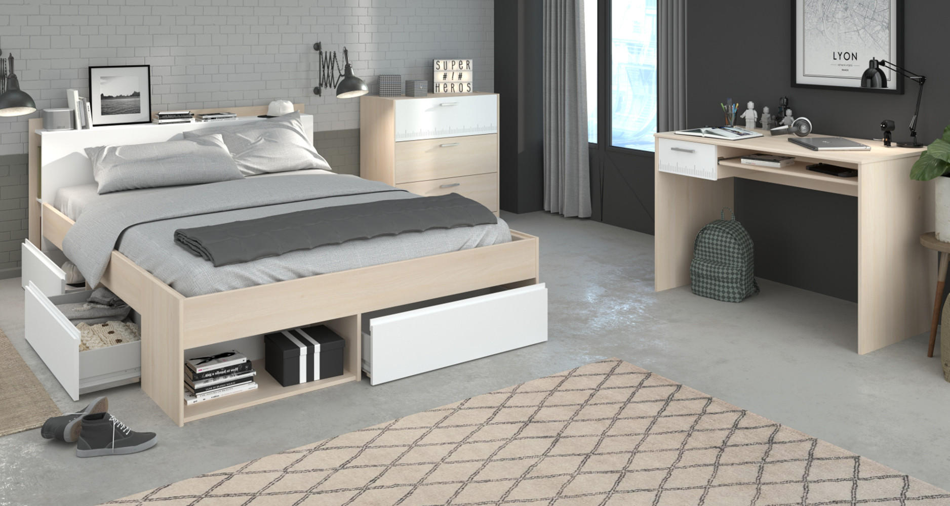 JUGENDZIMMER Set mit Stauraumbett 140 x 200 Schreibtisch Kommode - Silberfarben/Weiß, Holz/Holzwerkstoff (140/79/200cm) - Parisot Meuble