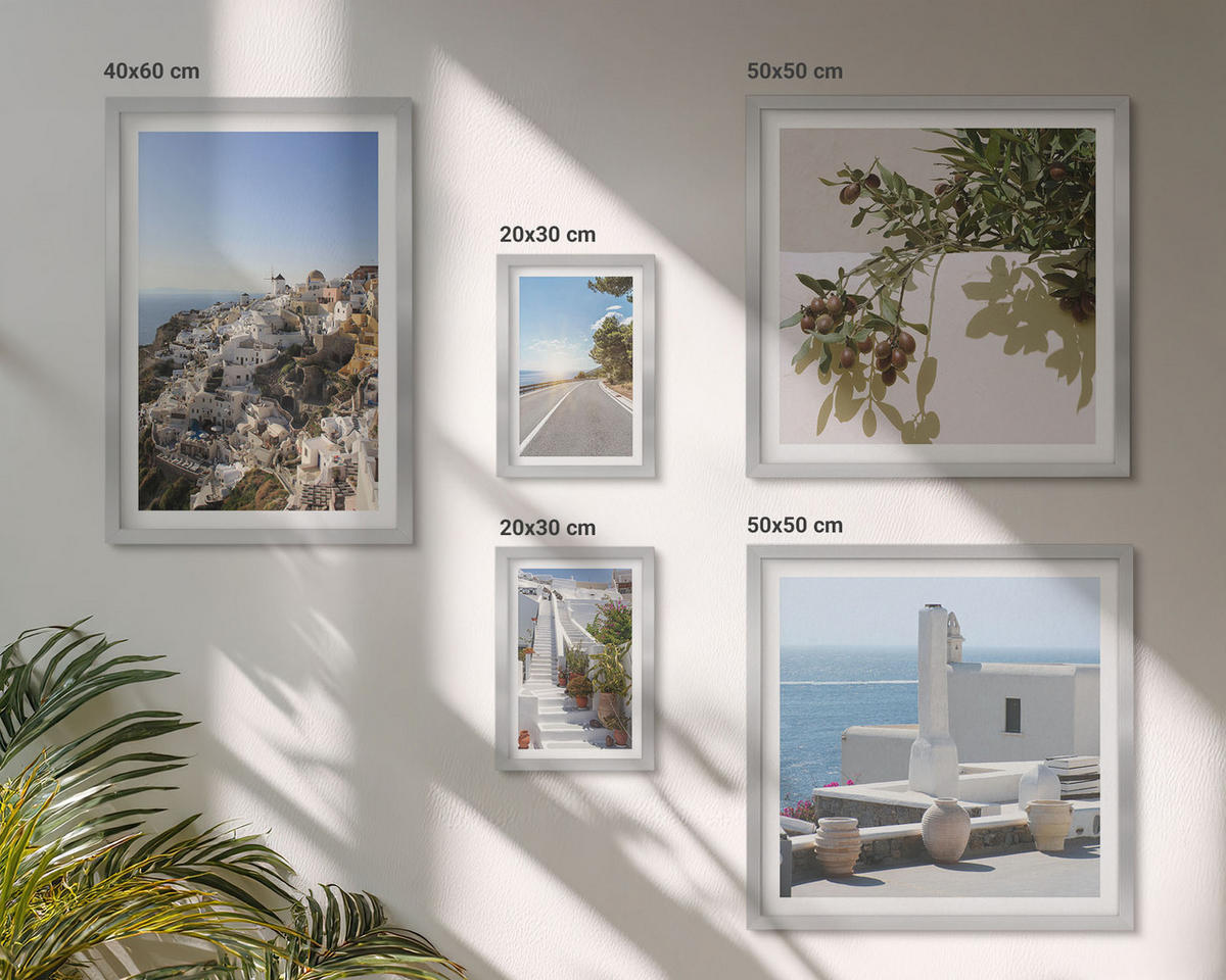 WANDBILDER 5er Set - 50x50 cm & 20x30 cm & 40x60 cm Silberner Rahmen - Weiße Treppe mit Blick auf Santorini - Silberfarben, Kunststoff (40/60cm) - ArtPrintCave