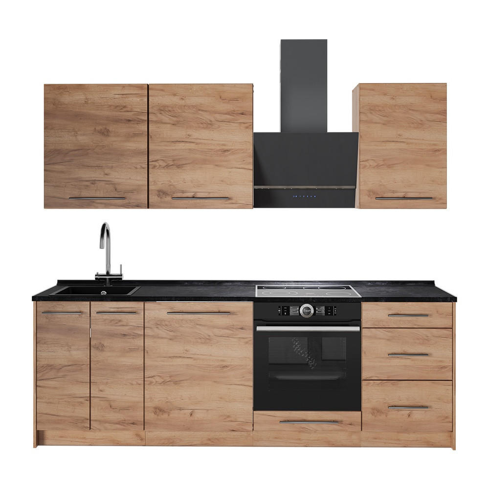 KÜCHENZEILE Fame-Line, Goldkraft Eiche/Goldkraft Eiche, 230 cm ohne Arbeitsplatte - Honigeiche, Holzwerkstoff (230/82/51.6cm) - Vicco
