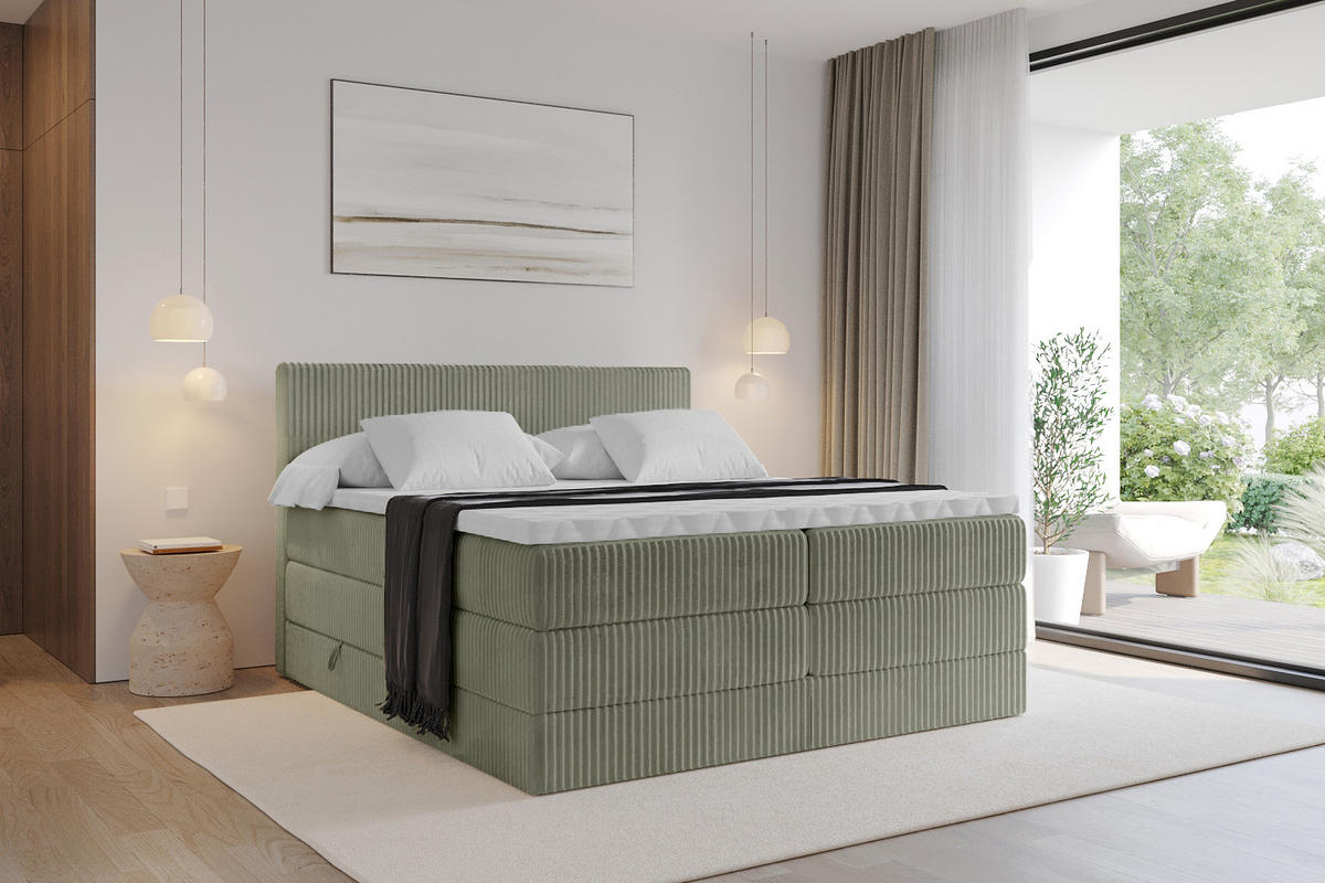 BOXSPRINGBETT mit Matratze H3|H4 und Lattenrost - TOLO KING 140x200 Cord - Olive - Olivgrün, Holzwerkstoff (140/200cm) - ALTDECOR