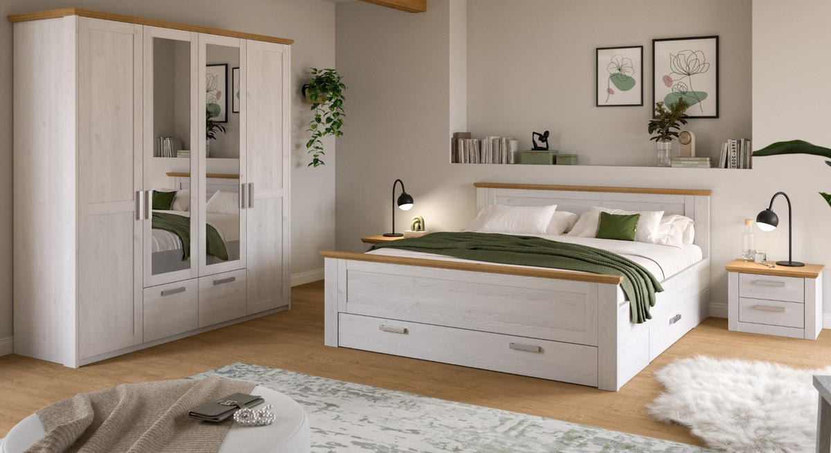 SCHLAFZIMMER weiß Lärche, Eiche Artisan Landhaus, Komplettset mit Bett Liegefläche 180 x 200 cm - Eichefarben/Silberfarben, Holzwerkstoff/Kunststoff (180/200cm) - Inn.Furn