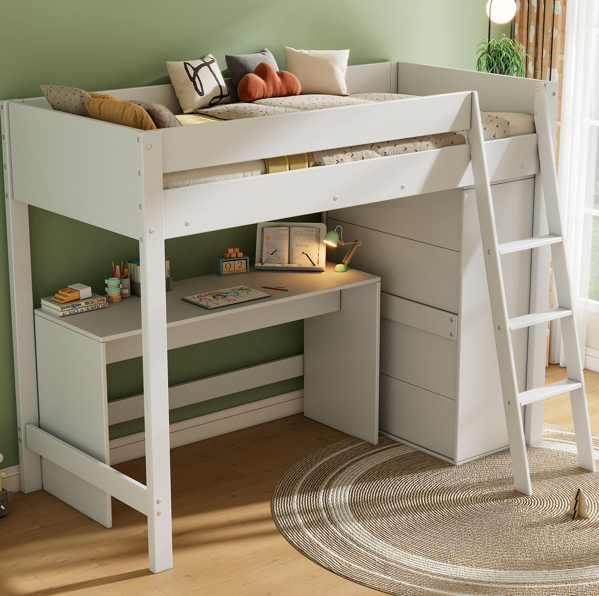 VISOKA Visoka postelja 90/200 cm bela iz masivnega lesa z mizo, omaro in lestvijo - bela, leseni material (90/200cm) - OKWISH